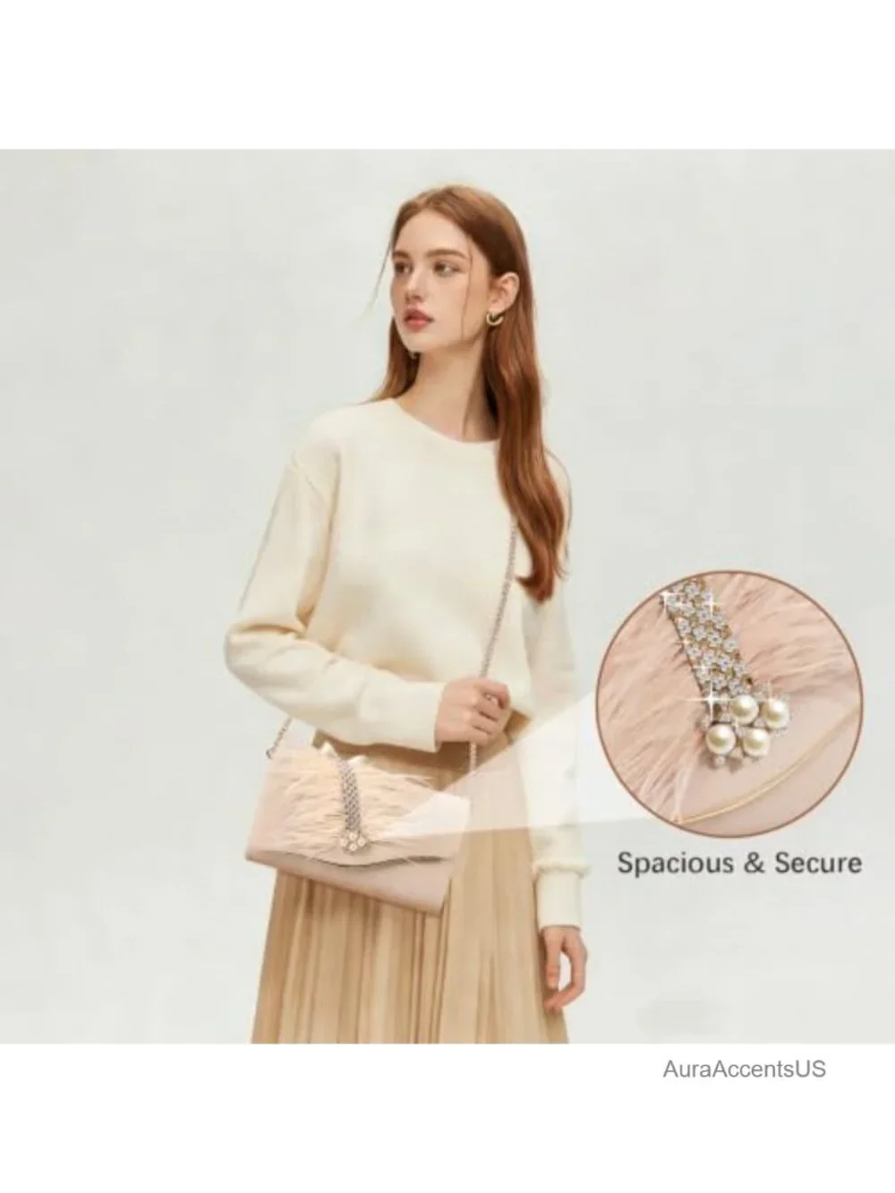 Faux Suede Envelope Clutch with Faux Feather Rhinestone Pearl Gold Crossbody